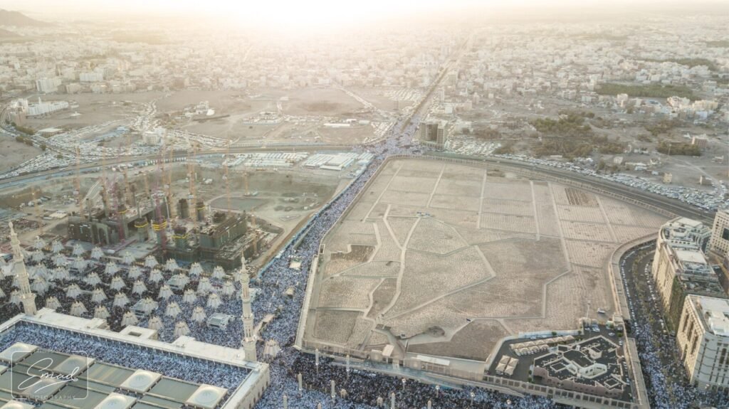 Aerial view of Al-Masjid an-Nabawi and Al-Baqi cemetery at sunset