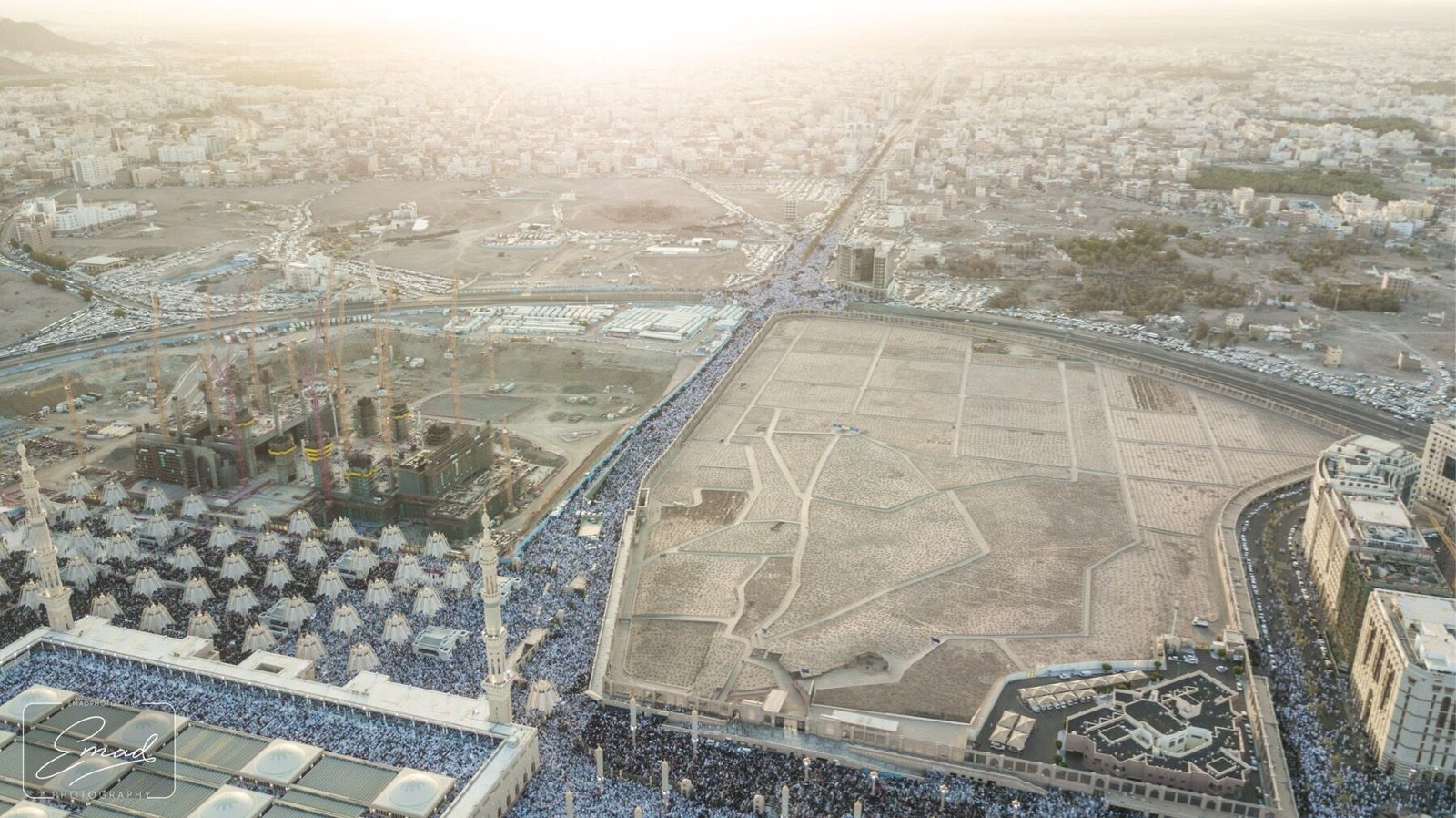 Aerial view of Al-Masjid an-Nabawi and Al-Baqi cemetery at sunset