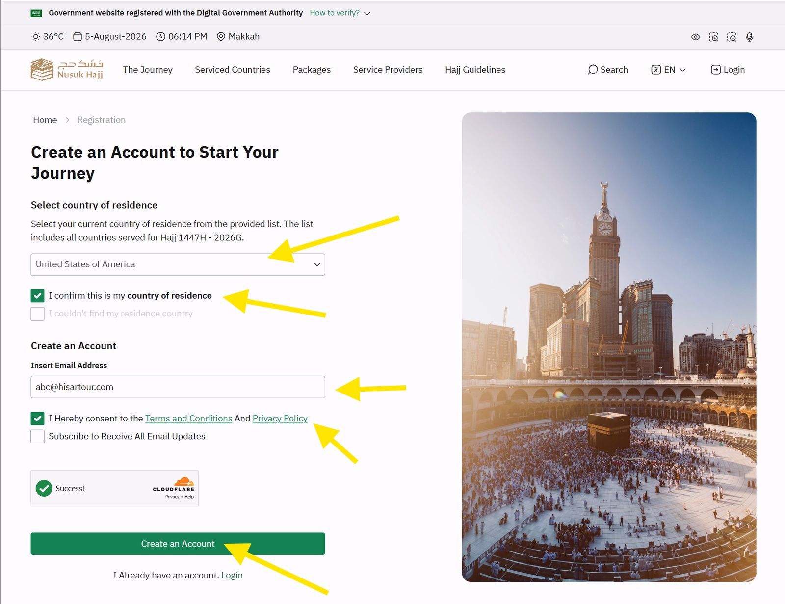 Nusuk Hajj account creation page: country of residence set to United States of America, residence confirmation checkbox, email address field, terms and conditions consent, and the green Create an Account button.