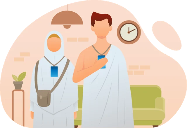 Pilgrims in ihram preparing to leave home