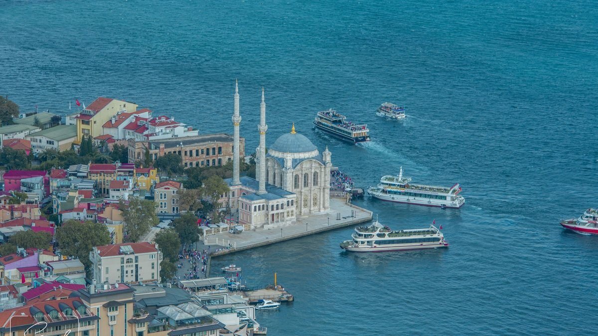Ortaköy Mosque on the Bosphorus shore in Istanbul with the bridge behind it