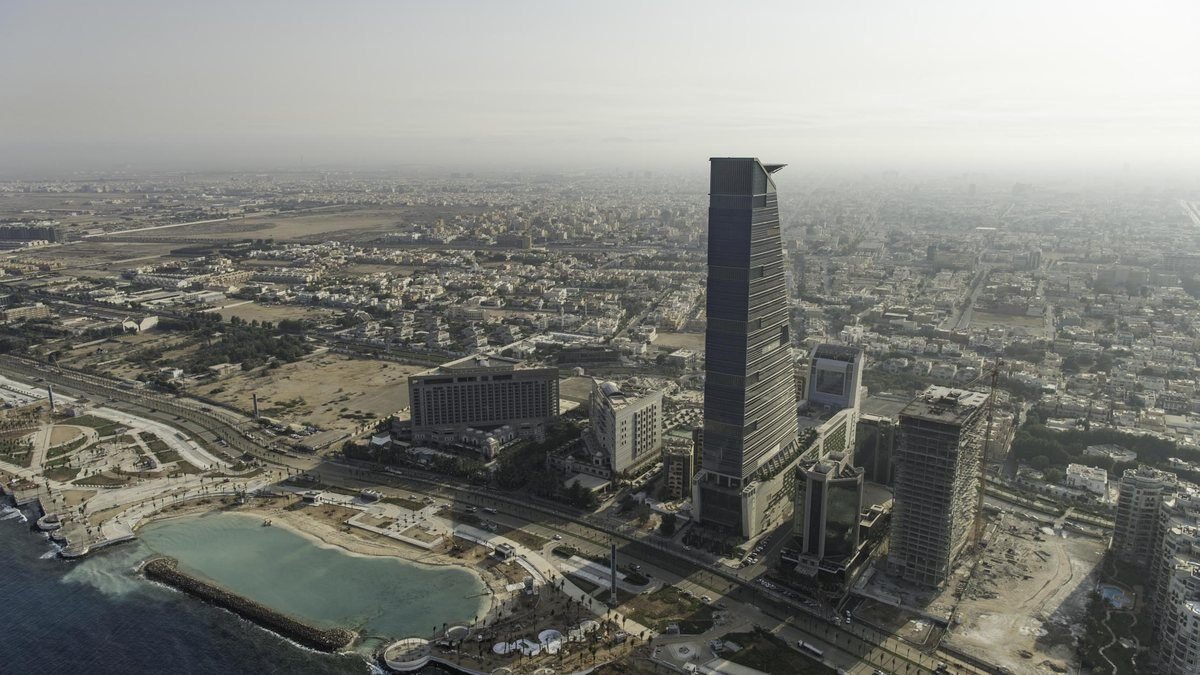Aerial view of Jeddah's waterfront and city skyline on the Red Sea coast